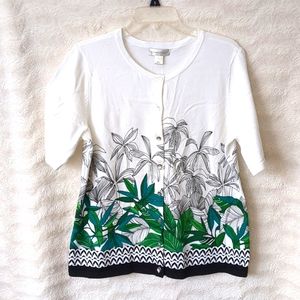 🆕 Christopher & Banks White Black Cardigan Sweater Top Sz L Green Plant Cotton
